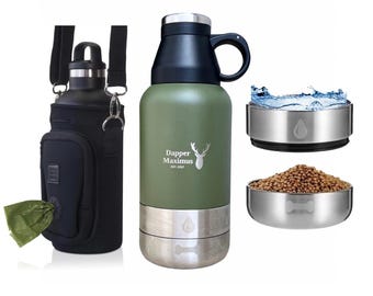Botella de agua portátil para perros de acero inoxidable para exteriores con cuencos desmontables, tapa multifuncional y soporte para bolsa de botella - 32 oz / 910 ml