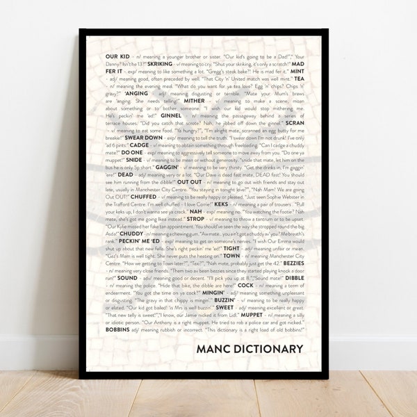 Manchester quote phrase dictionary print poster in A1, A2, A3 or A4