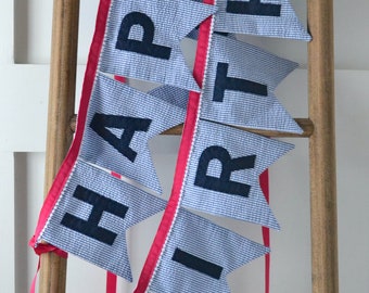 Made to Order Seersucker Happy Birthday Banner: Navy Letters & Pom Pom Trim