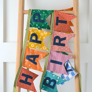 CUSTOM: Farmhouse Rainbow Fabric Made to Order Happy Birthday Banner, Handmade Party, Birthday Sign Garland, Sewn Birthday Banner, Reusable