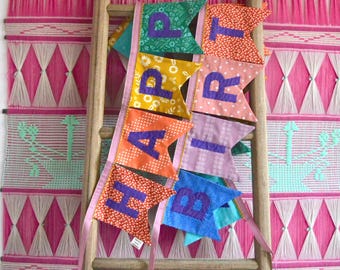 Made to Order Farmhouse Fabric Happy Birthday Banner: Rainbow Party Decor