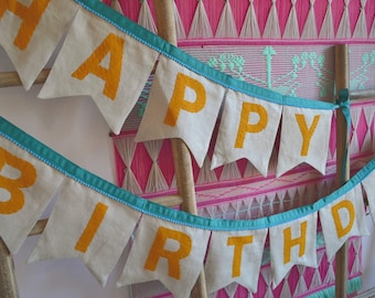 Handmade Large Flag Washed Linen Happy Birthday Banner