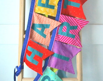Made to Order Large Flag Fabric Rainbow "Happy Birthday" Banner: Handmade Party Decor