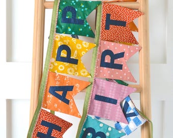 Made to Order Farmhouse Fabric Birthday Banner: Rainbow Party Garland