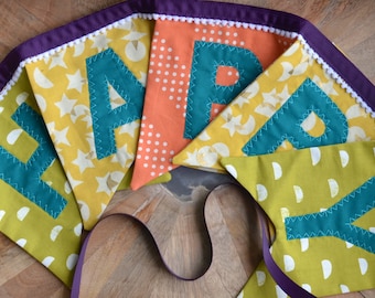 Made to Order Earth Tone Happy Birthday Banner: Handmade Fabric Party Garland