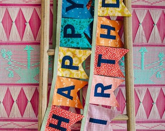 Made to Order Farmhouse Fabric Birthday Banner: Rainbow Party Garland