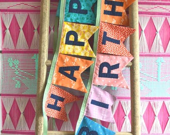 Handmade Farmhouse Fabric Birthday Banner: Rainbow Party Garland