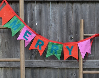 READY TO SHIP: Holiday Mantel Banner, Jewel Toned, Christmas Gift, Holiday Sign Decoration, Merry & Bright, X-Mas Garland, Handmade Banner