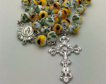 8 mm Sunflower Porcelain Rosary Beads