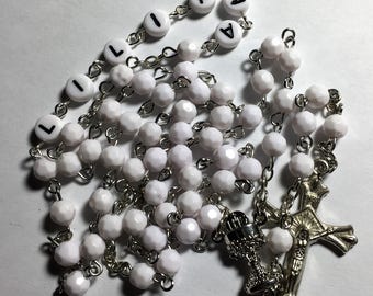 Personalized Girls White First Holy Communion Rosary Beads