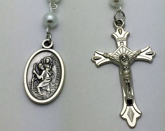 White Pearl St Christopher One Decade Pocket Catholic Rosary Beads