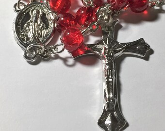 Red 6mm Crackle Glass Catholic Prayer Rosary Beads