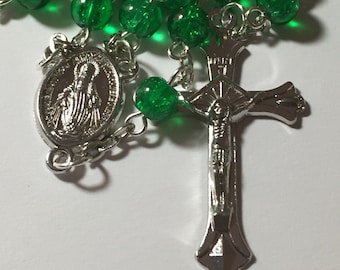 Green 6mm Crackle Glass Catholic Prayer Rosary Beads