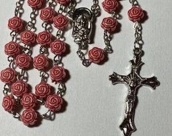 Traditional Red Rose Flower Catholic Prayer Rosary Beads