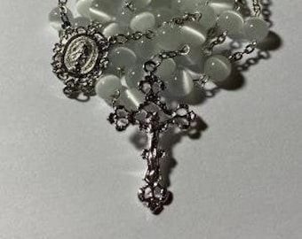 8 mm Cats Eye White Catholic Prayer Rosary Beads