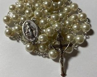 Miraculous 8mm Off White Glass Pearl Catholic Prayer Rosary Beads