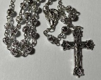 Traditional Silver Rosebud Flower Catholic Prayer Rosary Beads