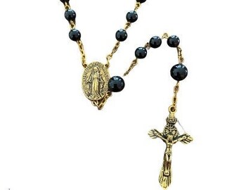 Handmade Gold Tone Black Onyx Catholic Rosary Beads