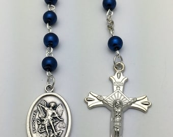 Blue Pearl St Michael for Police Officers and US Military  One Decade Pocket Catholic Rosary Beads