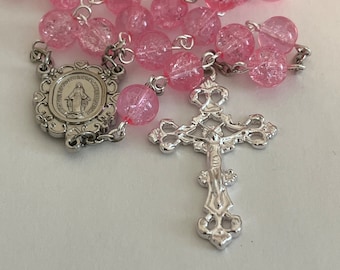 Pink 8mm Crackle Glass Catholic Prayer Rosary Beads