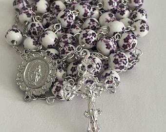 8 mm Purple Daisy Porcelain Rosary Beads