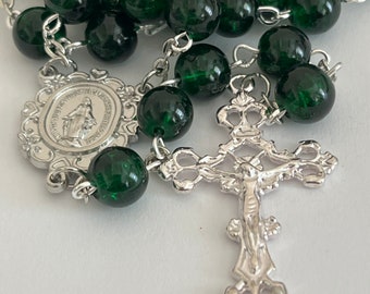 Dark Green 8mm Crackle Glass Catholic Prayer Rosary Beads