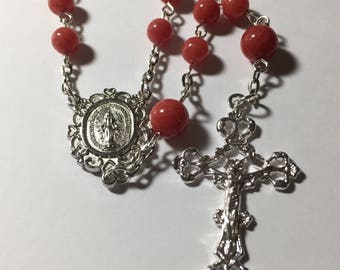 Handmade Coral Jade Catholic Rosary Beads