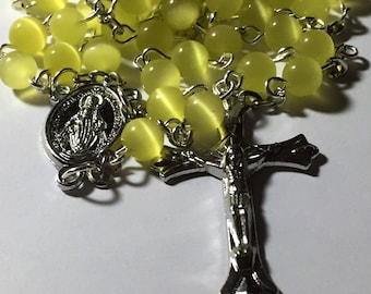 Cats Eye Yellow Catholic Prayer Rosary Beads