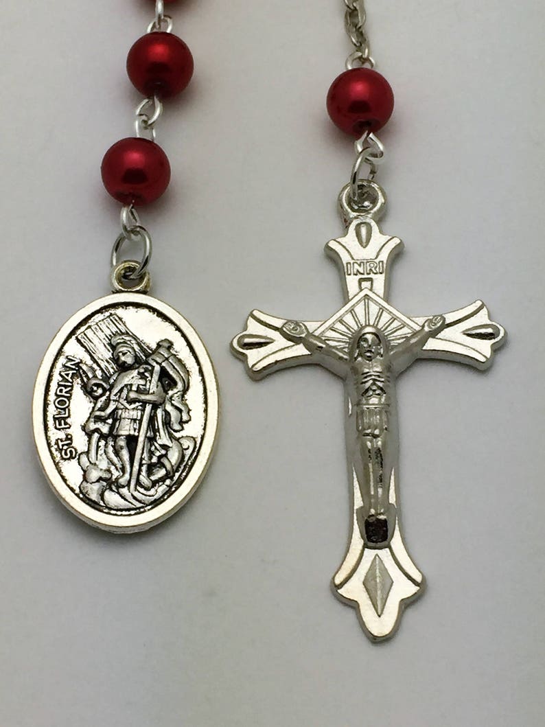 Red Pearl St Florian for Firefighters One Decade Pocket Catholic Rosary Beads image 2