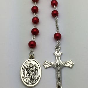 Red Pearl St Florian for Firefighters One Decade Pocket Catholic Rosary Beads image 1