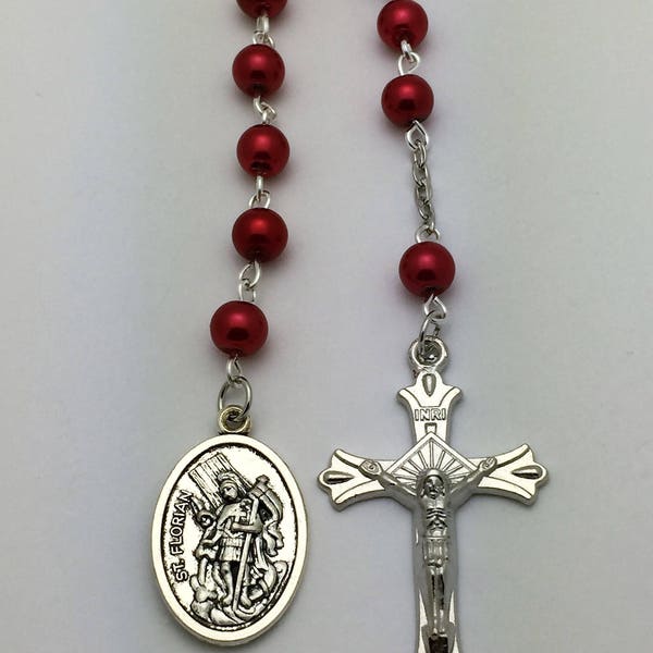 Red Pearl St Florian for Firefighters One Decade Pocket Catholic Rosary Beads