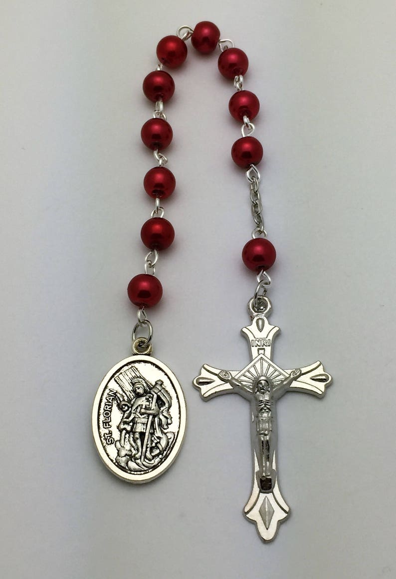 Red Pearl St Florian for Firefighters One Decade Pocket Catholic Rosary Beads image 1