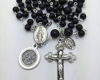 Firefighter St. Florian Black Onyx Catholic Rosary Beads