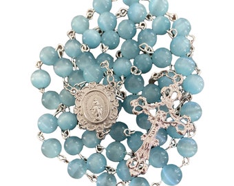8 mm Cats Eye Light Blue Catholic Prayer Rosary Beads