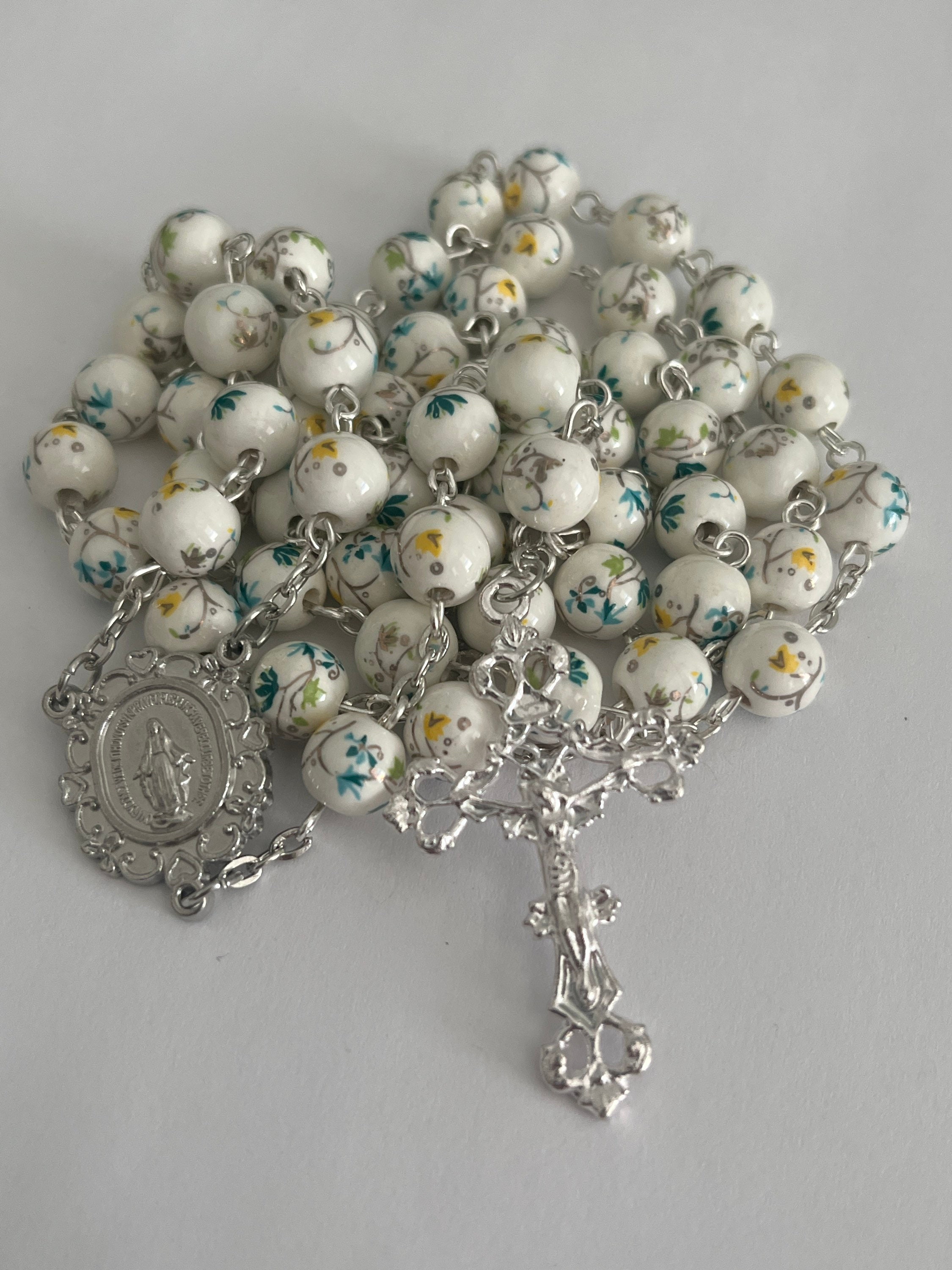 8 mm Teal Flower Porcelain Rosary Beads