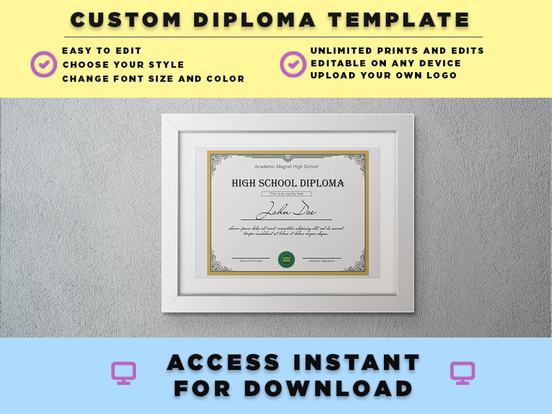 Diploma Template and Diploma Frame for High School Diploma Etsy
