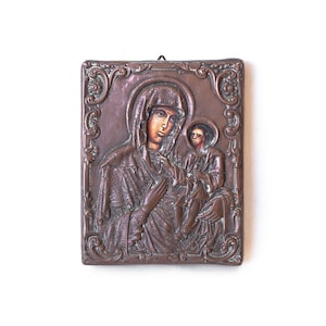 Vintage religious plaque, wall plaque, Our Lady of Kazan icon, Russian church, mother of god, mother of God of Kazan, icon with copper