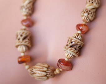 vintage necklace, carved bone necklace and carnelian, pearl necklace, ethnic, boho chic, women's jewelry, necklace, gift