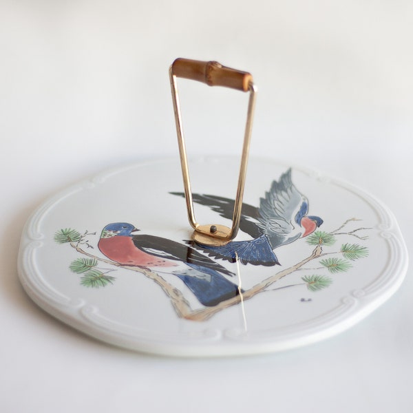 Vintage tray, ceramic tray Gien France, cake dish, cheese platter, signed bird decoration, French dish, cake stand, flat porcelain