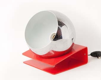Eyeball Wall Lamp, Chrome, Eyeball Lamp, Chrome Ball Table Lamp, Red Acrylic Base, Space Age, Bedroom Decor, 70s