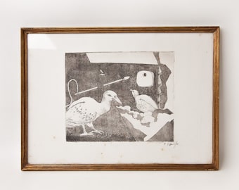 Chinese ink drawing painting, signed work, cubism, surrealism, black and white, wall decoration, birds, 80s