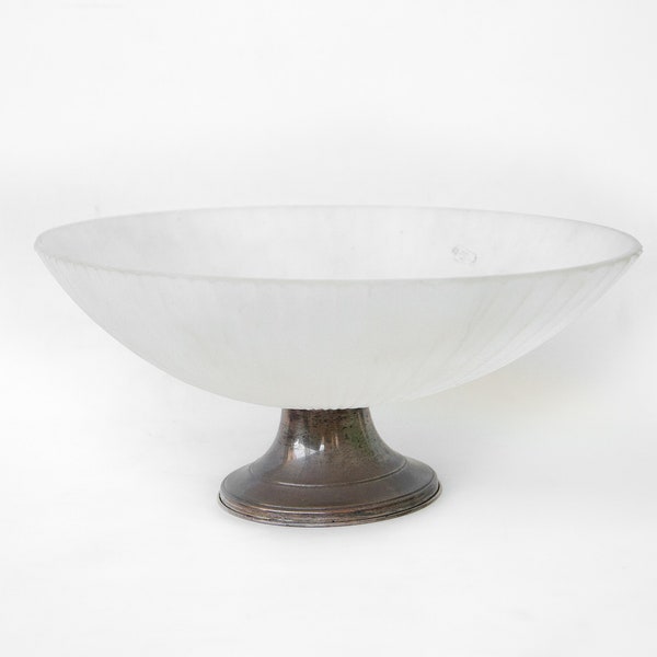 Coupe vintage, bol à fruits, coupe fruits, verre dépoli nervuré, table, art deco, made in italy, pied argent poinçonné, fruit bowl