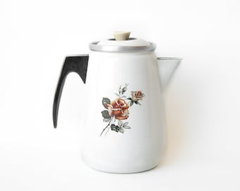 vintage coffee maker, teapot, coffee pot, retro, kitchen decor, camping, picnic, enameled with roses, enamel, coffee maker, coffee pot