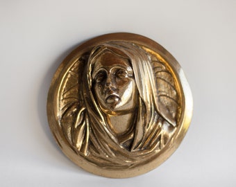 Vintage religious brass plate, 3D, Antique Portrait, Virgin Mary, wall decoration, religious decor, Christian Wall Art