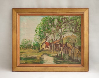 Peinture vintage, toile encadrée, paysage, village nature luxuriante,forêt, décoration murale, cadre bois ,Impressionist, oil painting