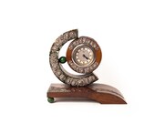 vintage alarm clock, table alarm clock, wooden and Bakelite alarm clock with application silver motifs, kienzle, art deco, interior decoration,30 39 s