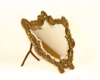 vintage mirror, easel mirror, table, bronze, beveled mirror, Louis XV rocaille style, vanity mirror, interior decoration, home decor