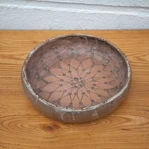 Glazed terracotta dish, fruit bowl, centerpiece, signed dish, interior decoration, 70s