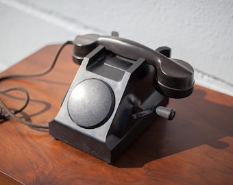 Ericsson Colombes black phone, crank phone without dial, Bakelite crank phone, vintage, retro, 50's
