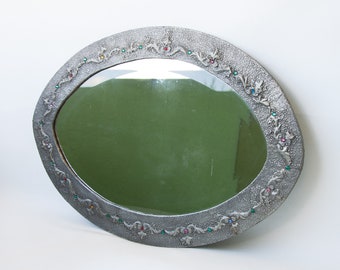 Vintage mirror, oval mirror, large beveled mirror, wood and white iron mirror, made in Portugal, wall mirror, mirror